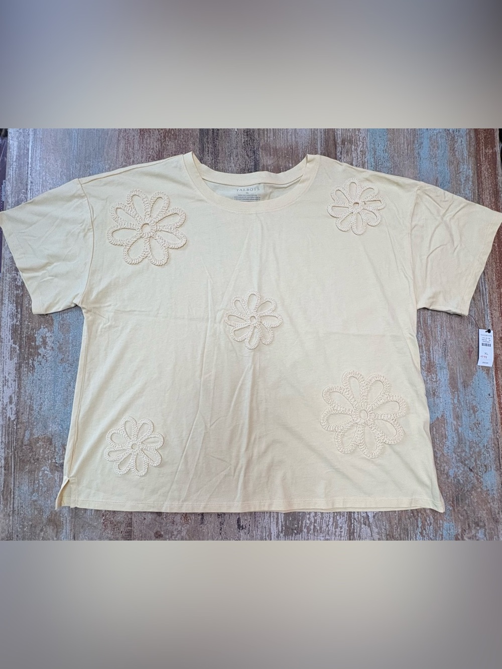 Talbots Boxy Yellow Crewneck Tee with Flower Appliqué